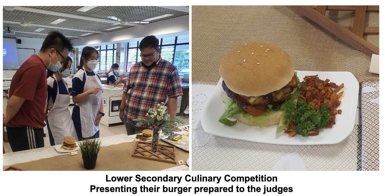 Students in aprons present a burger to a judge, beside a close-up of a burger with greens and fried toppings on a plate.
